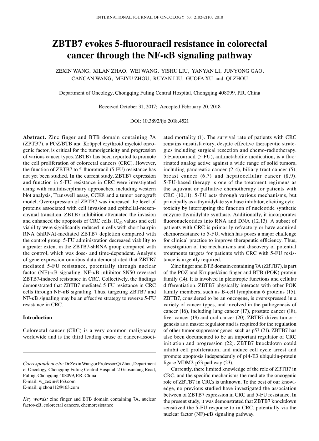 ZBTB7 Evokes 5-Fluorouracil Resistance in Colorectal Cancer Through the NF‑Κb Signaling Pathway