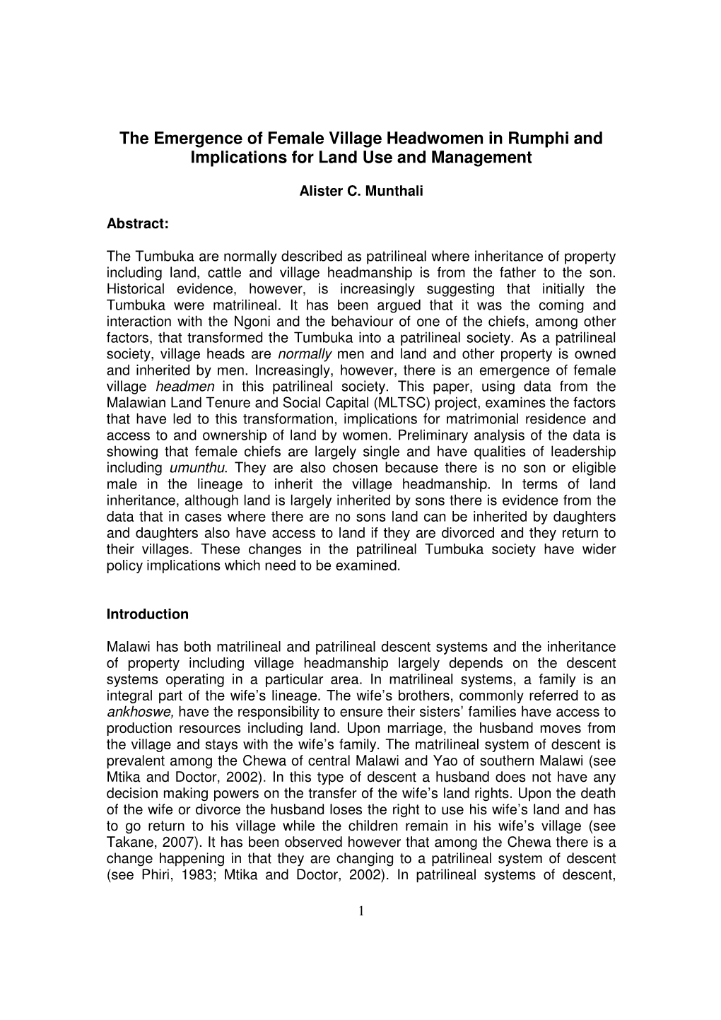 The Emergence of Female Village Headwomen in Rumphi and Implications for Land Use and Management