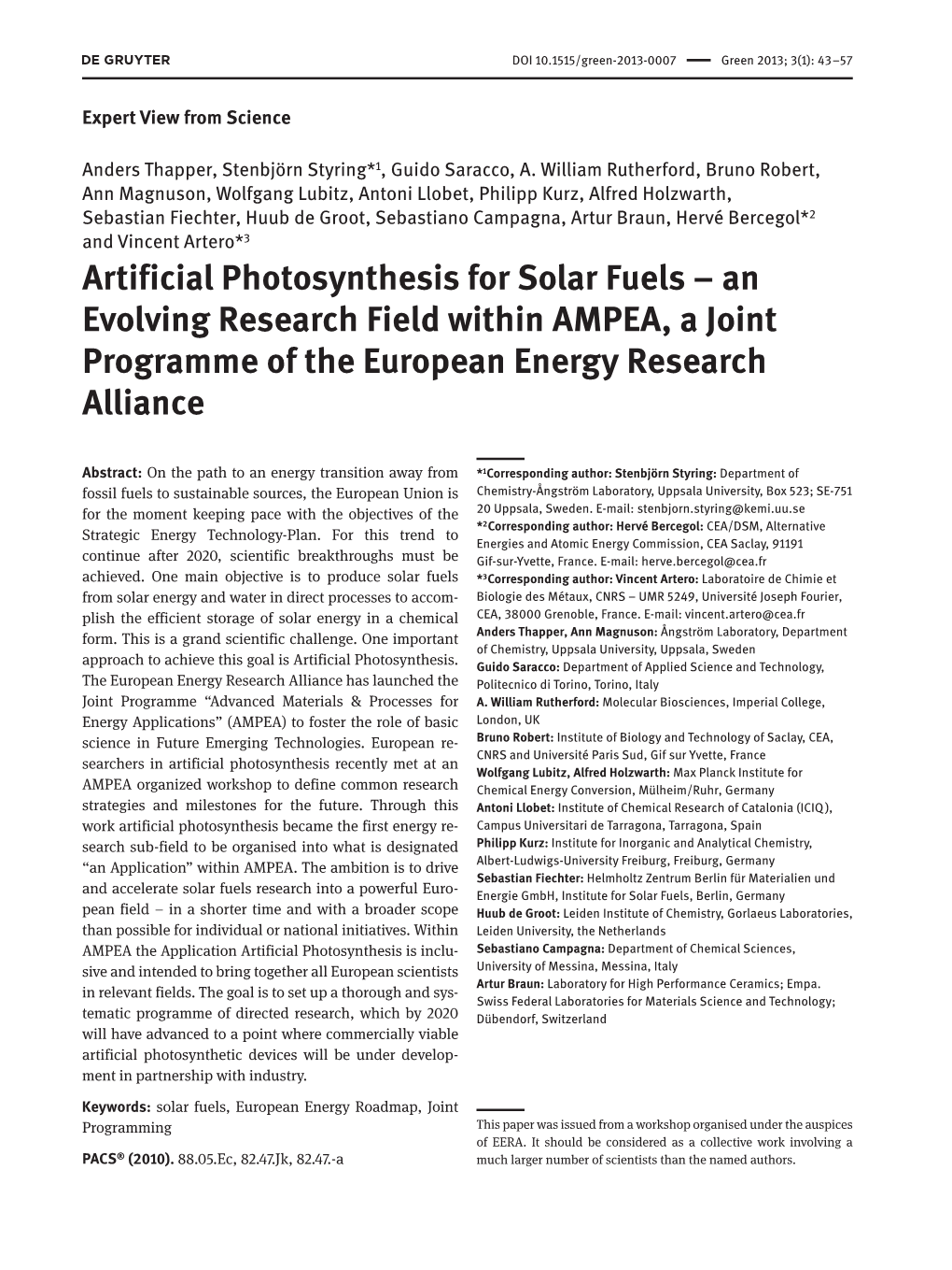 Artificial Photosynthesis for Solar Fuels – an Evolving Research Field Within AMPEA, a Joint Programme of the European Energy Research Alliance