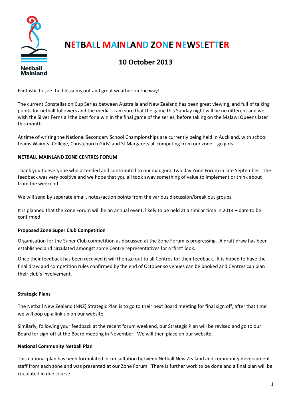 Netball Mainland Zone Newsletter