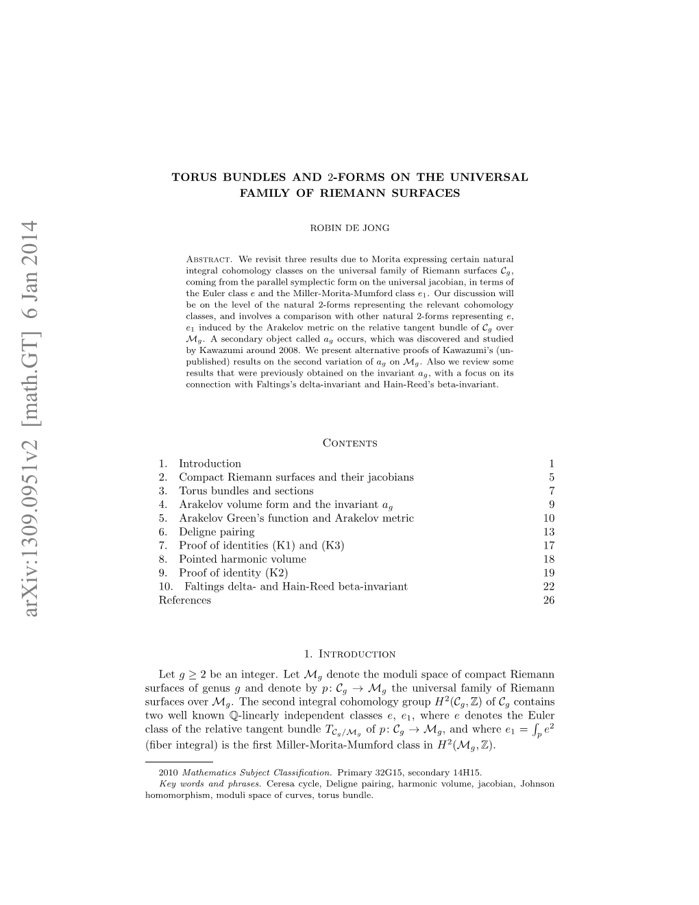 Torus Bundles and 2-Forms on the Universal Family of Riemann Surfaces