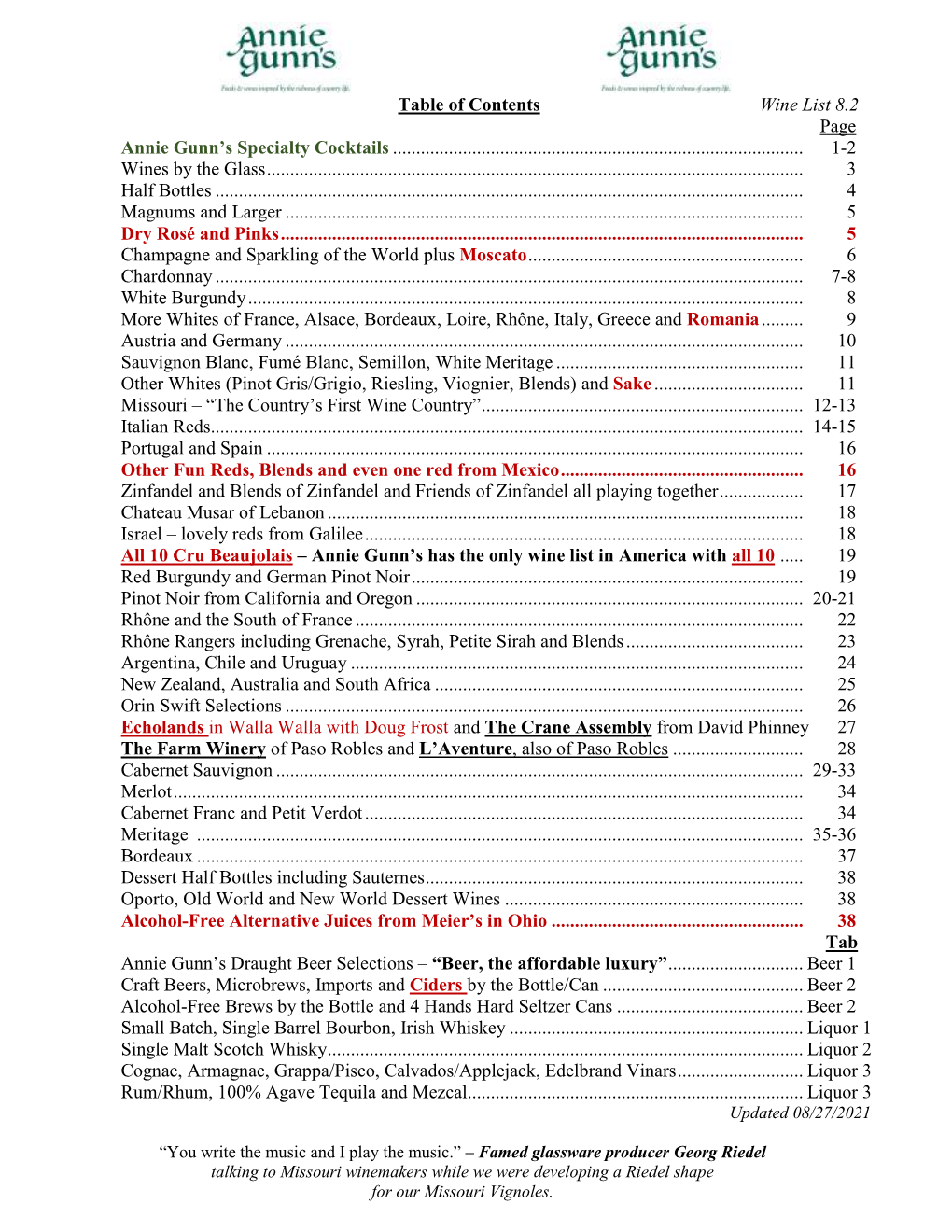 Table of Contents Wine List 8.2 Page Annie Gunn's Specialty Cocktails