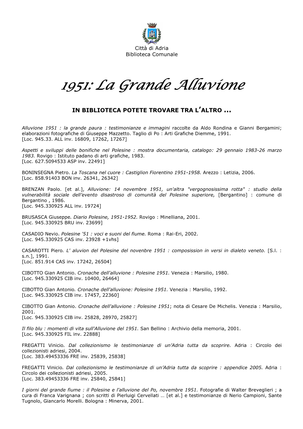 Bibliografia Grande Alluvione Del Polesine 1951