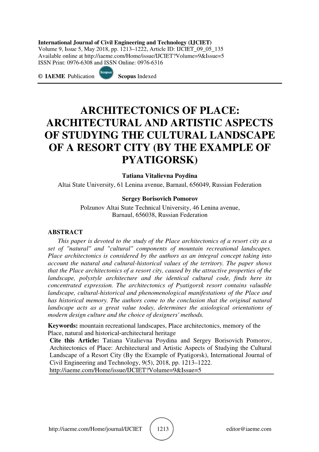 Architectural and Artistic Aspects of Studying the Cultural Landscape of a Resort City (By the Example of Pyatigorsk)