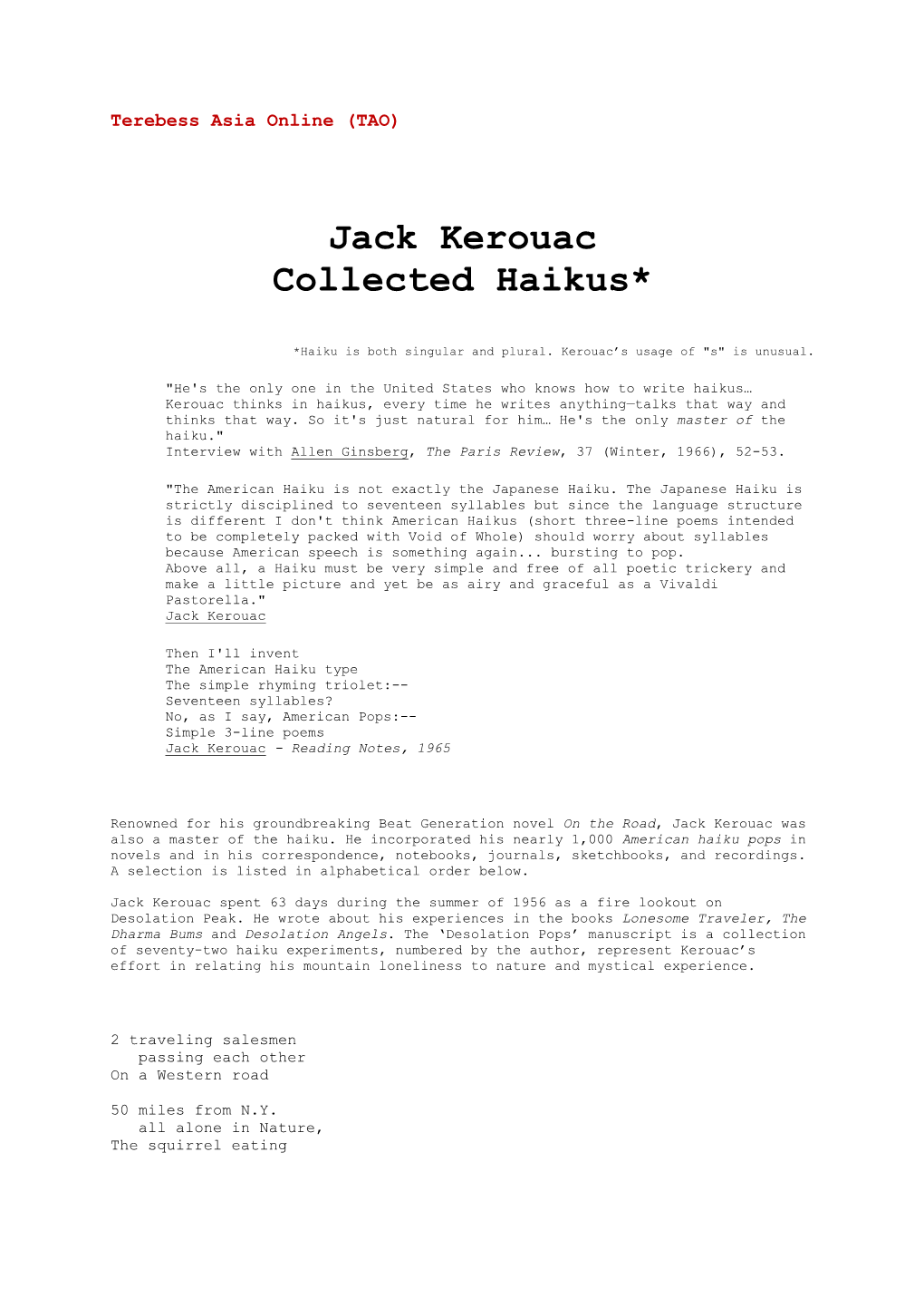 Jack Kerouac Collected Haikus*