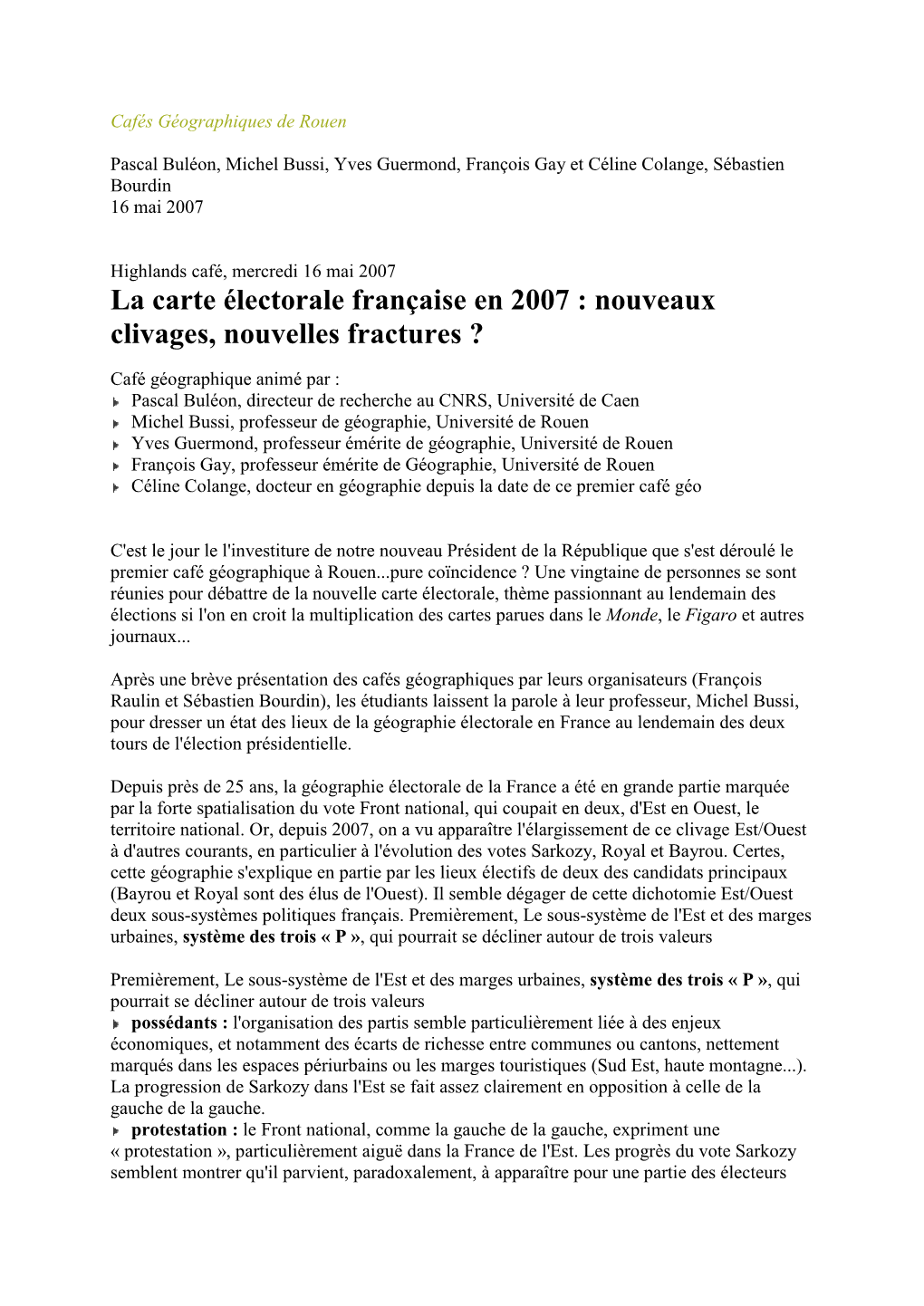 La Carte Électorale Française En 2007 : Nouveaux Clivages, Nouvelles Fractures ?