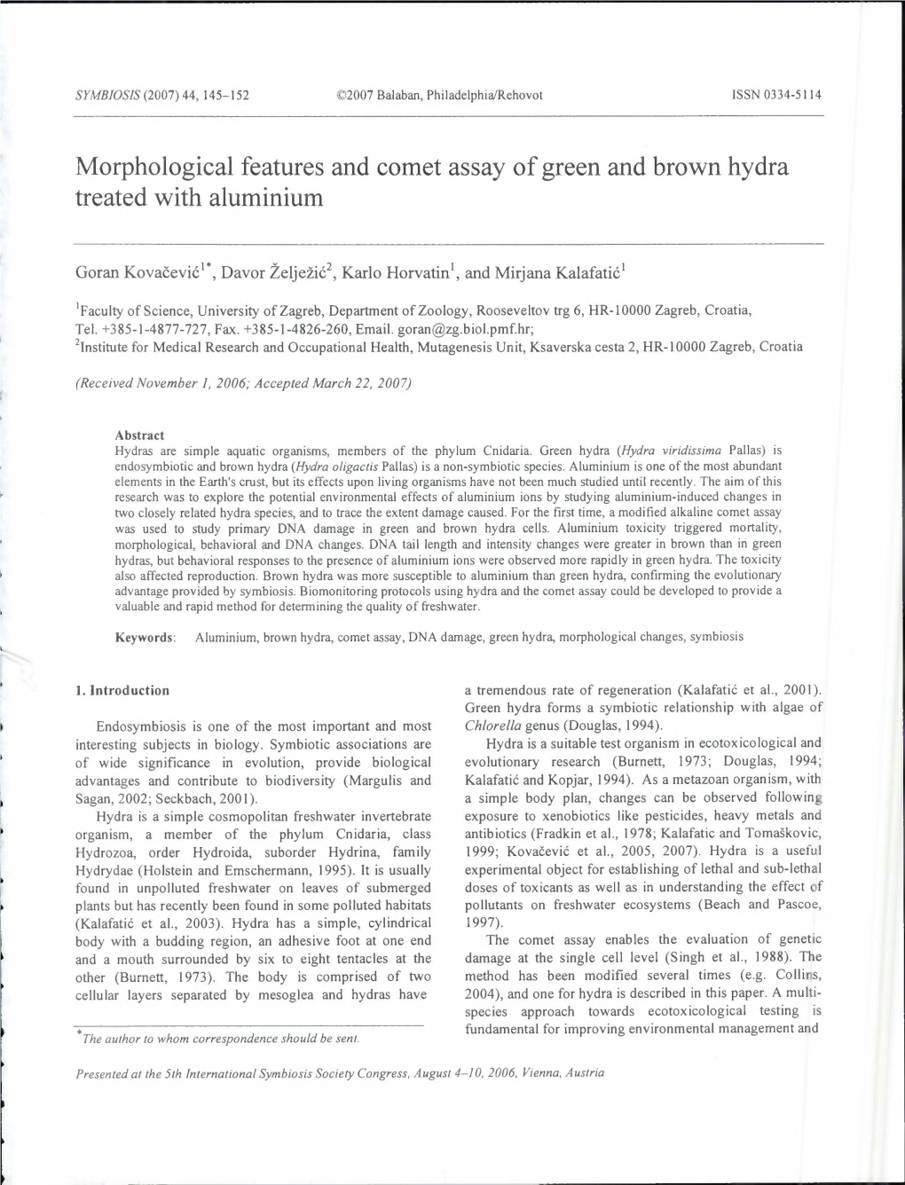 Morphological Features and Comet Assay of Green and Brown Hydra Treated with Aluminium