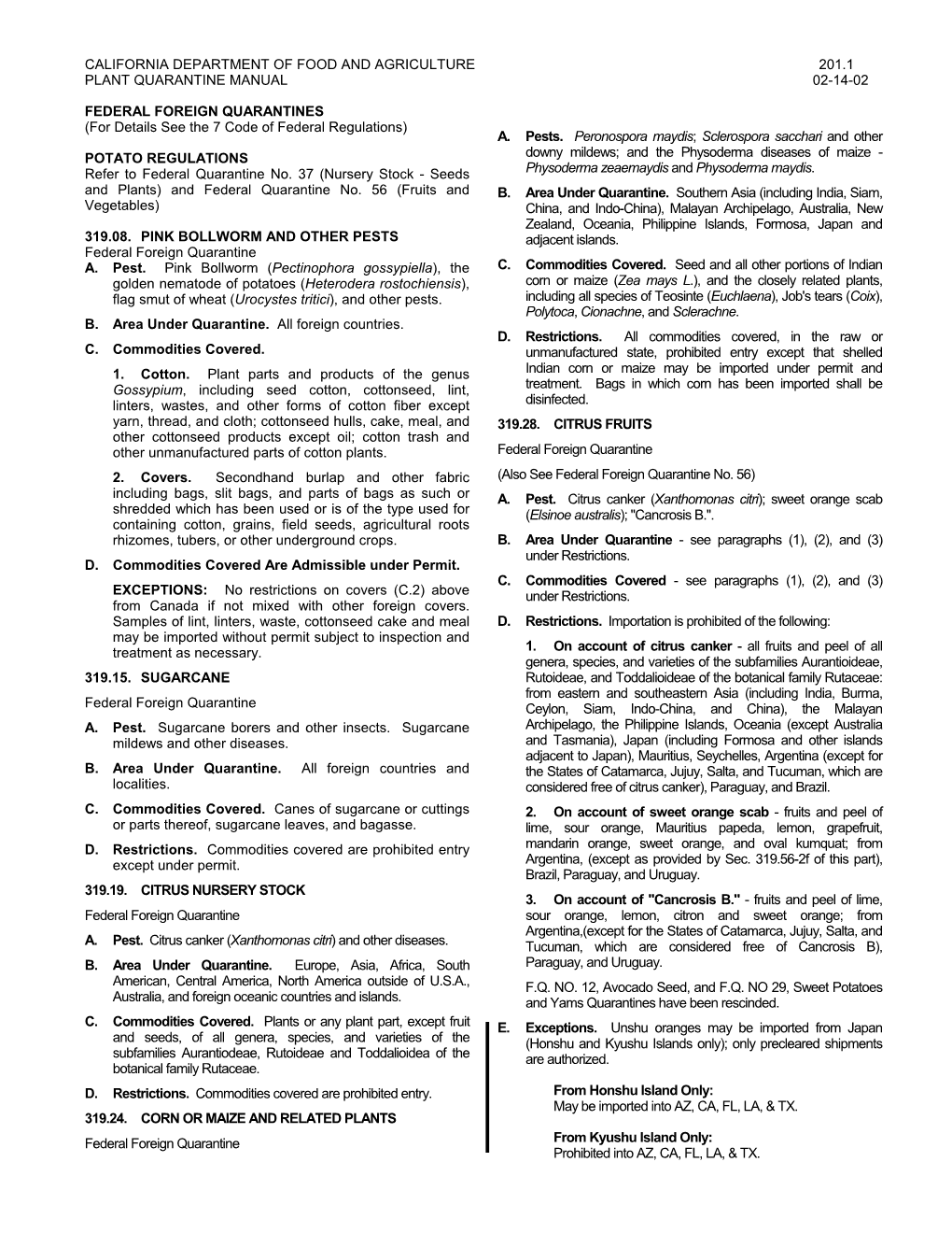 California Department of Food and Agriculture 201.1 Plant Quarantine Manual 02-14-02
