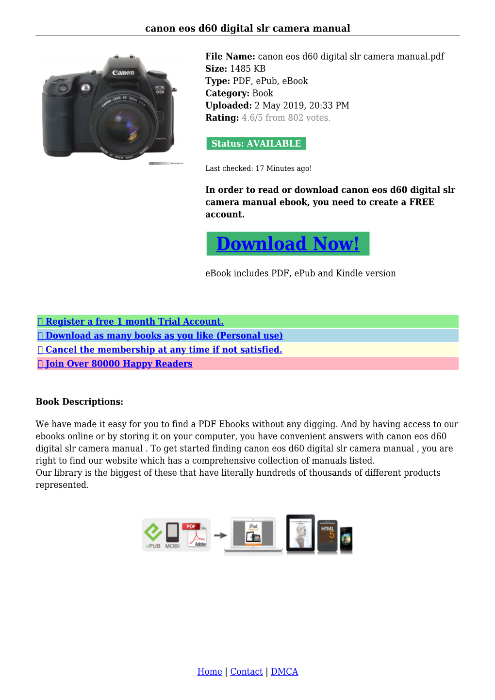 Canon Eos D60 Digital Slr Camera Manual