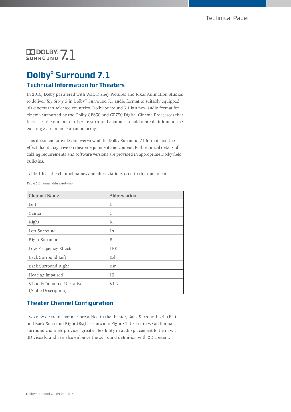 Dolby Surround 7.1: Technical Information for Theaters