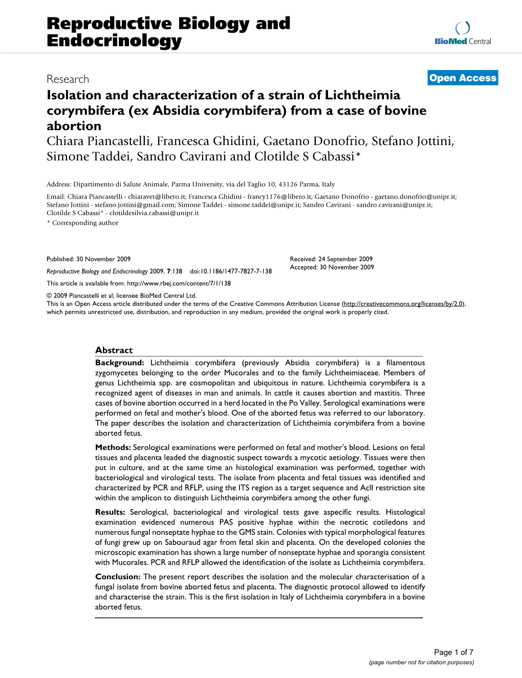 Isolation and Characterization of a Strain of Lichtheimia Corymbifera