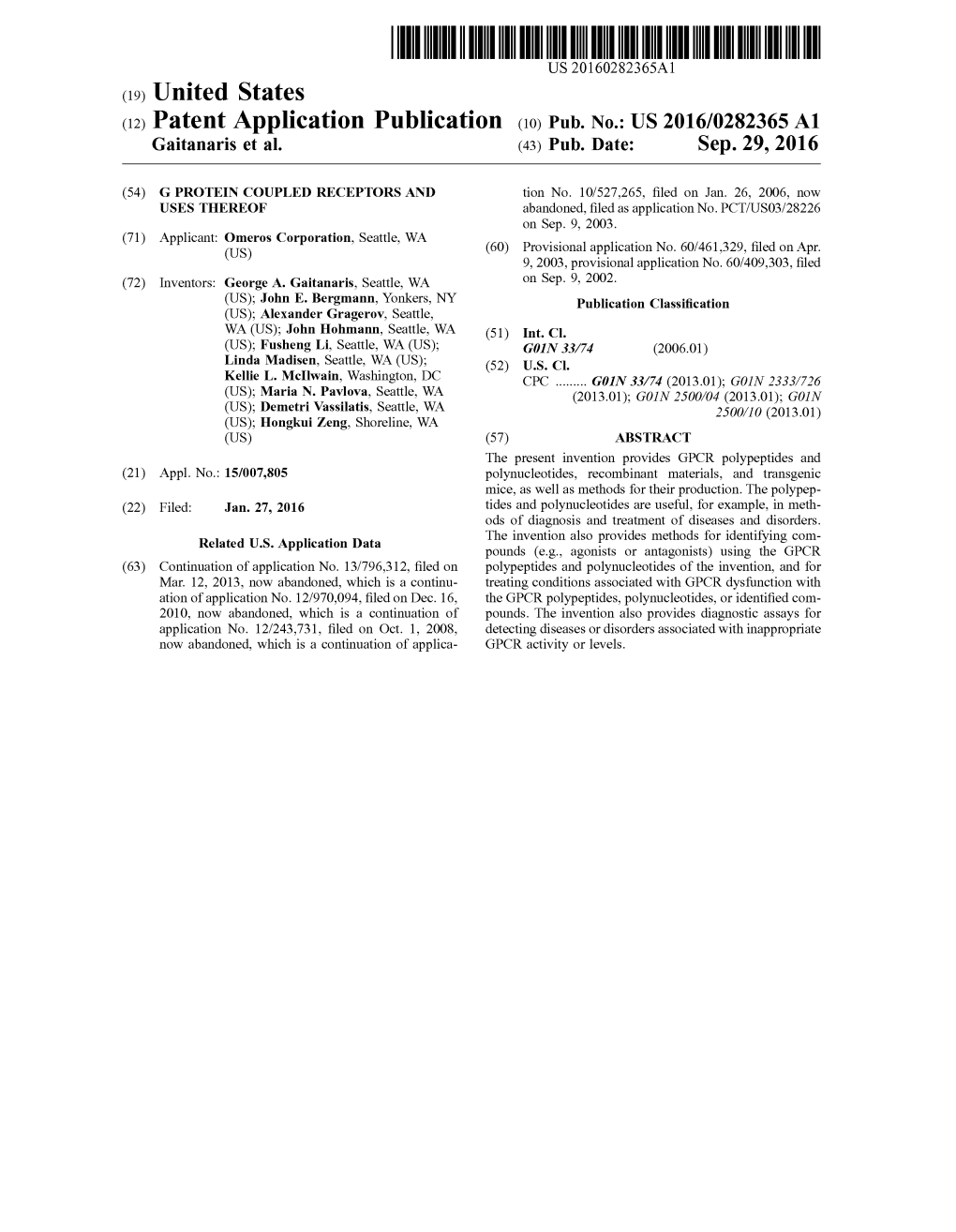 (2) Patent Application Publication (10) Pub. No.: US 2016/0282365A1 Gaitanaris Et Al