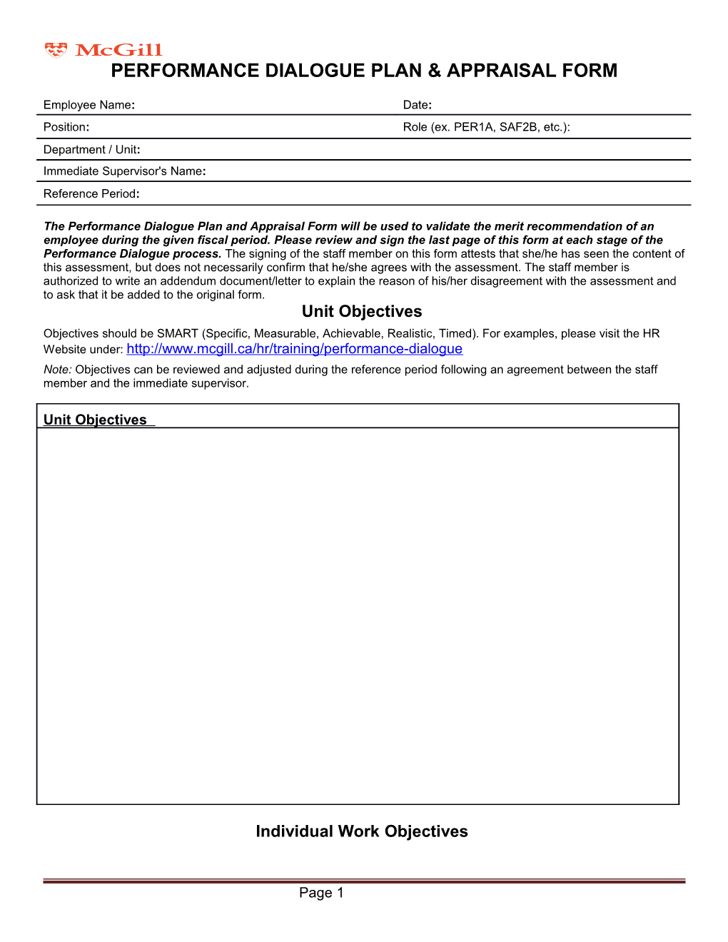 Performance Dialogue Plan & Appraisal Form