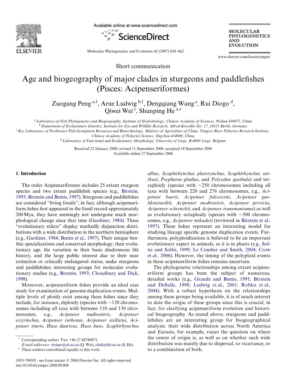 Age and Biogeography of Major Clades in Sturgeons and Paddlefishes