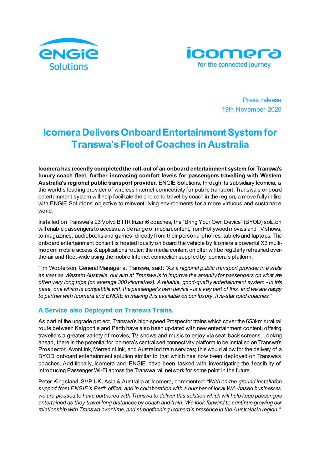 Icomera Delivers Onboard Entertainment System for Transwa's