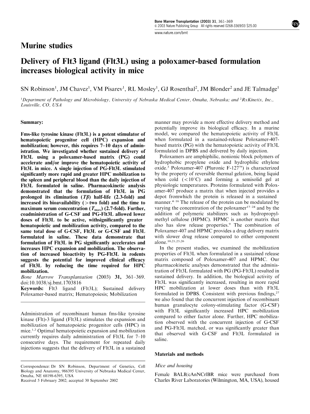 Murine Studies Delivery of Flt3 Ligand (Flt3l) Using a Poloxamer-Based Formulation Increases Biological Activity in Mice