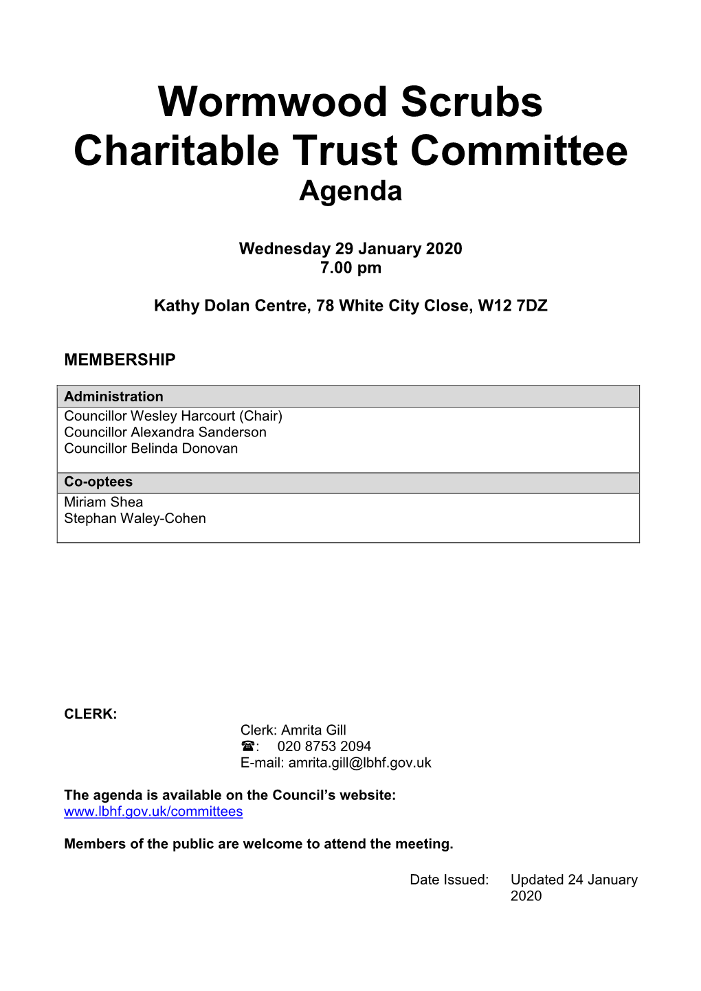 (Public Pack)Agenda Document for Wormwood Scrubs Charitable Trust Committee, 29/01/2020 19:00