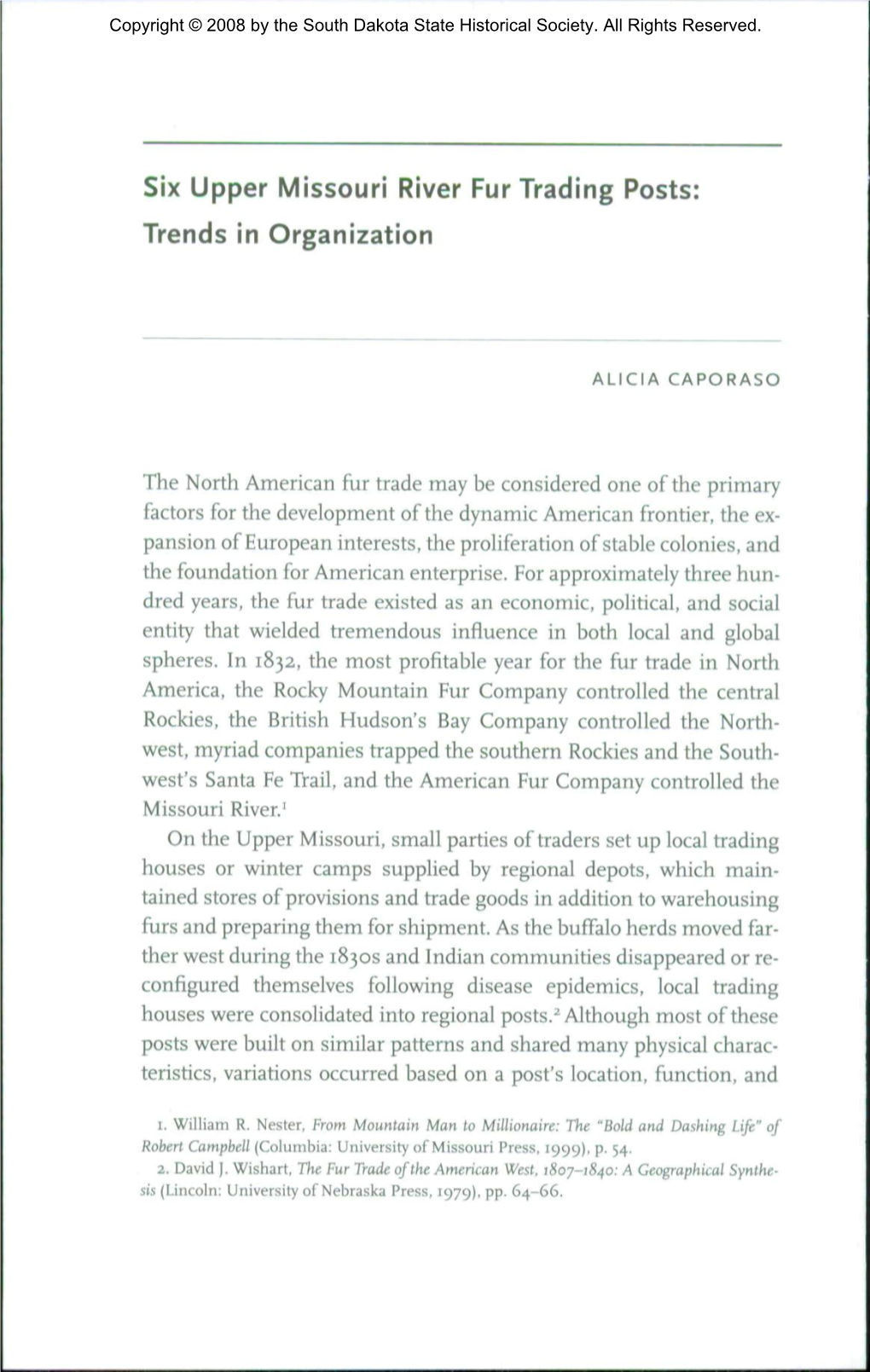 Six Upper Missouri River Fur Trading Posts: Trends in Organization