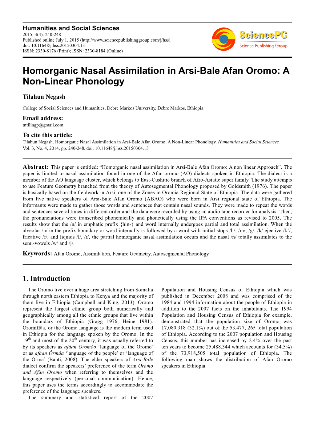 Homorganic Nasal Assimilation in Arsi-Bale Afan Oromo: a Non-Linear Phonology