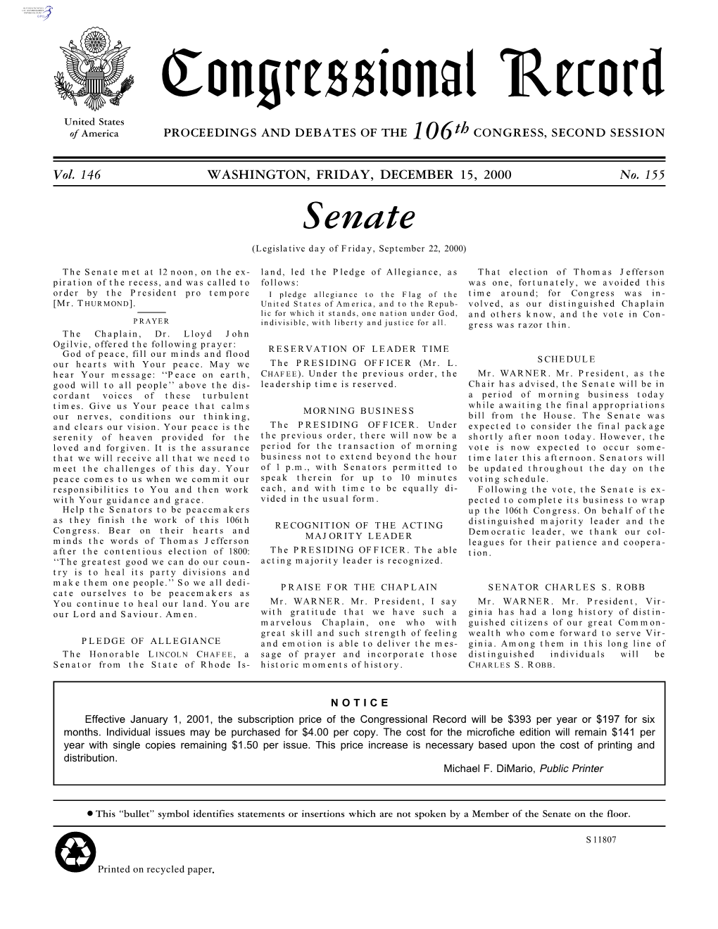 Senate (Legislative Day of Friday, September 22, 2000)