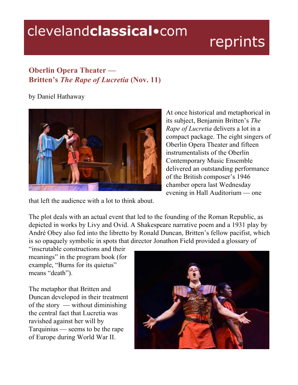 Oberlin Opera Theater — Britten's ​The Rape of Lucretia ​(Nov