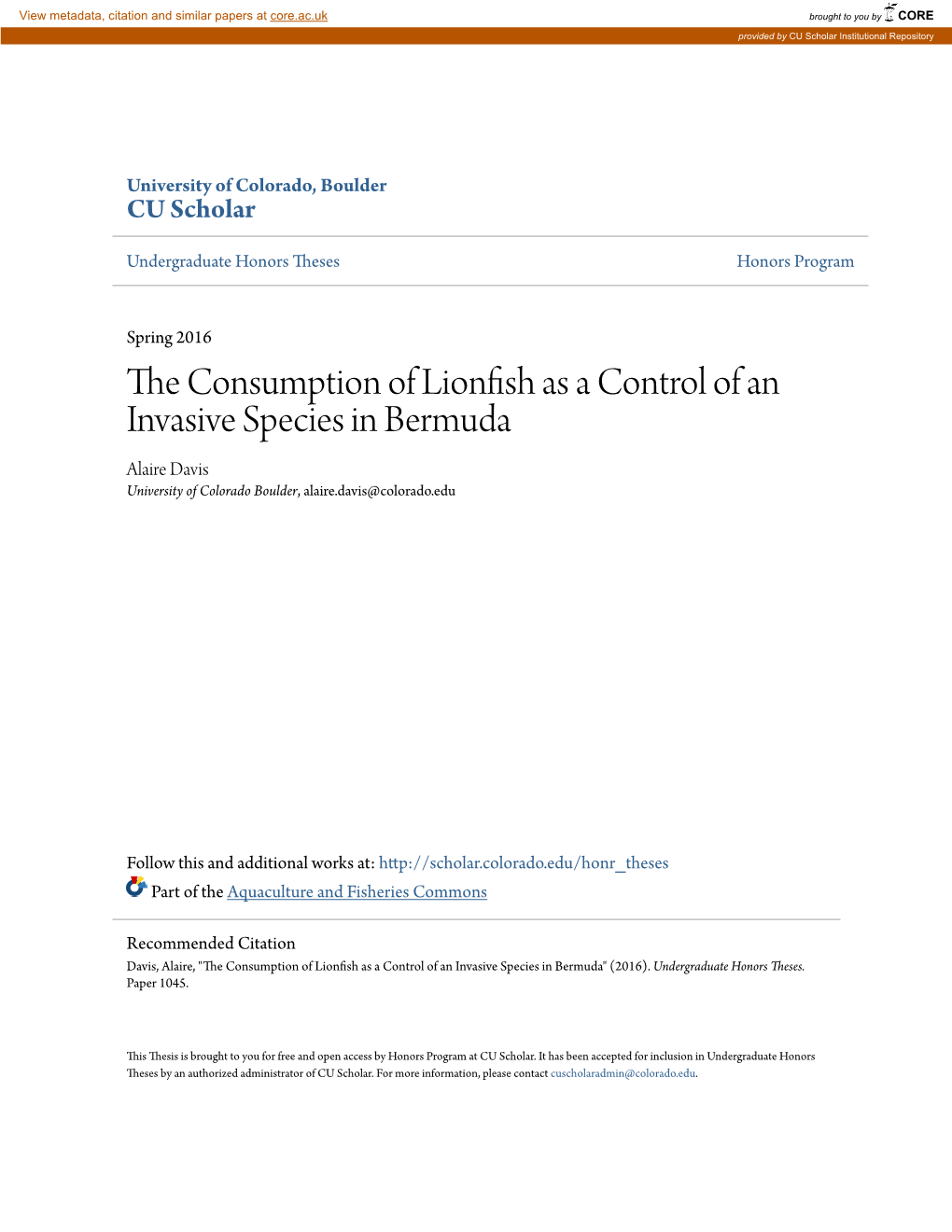 The Consumption of Lionfish As a Control of an Invasive Species in Bermuda