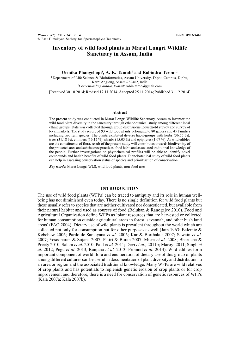 Inventory of Wild Food Plants in Marat Longri Wildlife Sanctuary in Assam, India