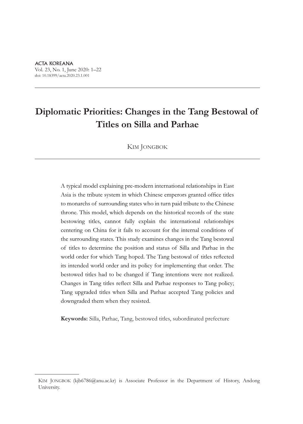 Changes in the Tang Bestowal of Titles on Silla and Parhae