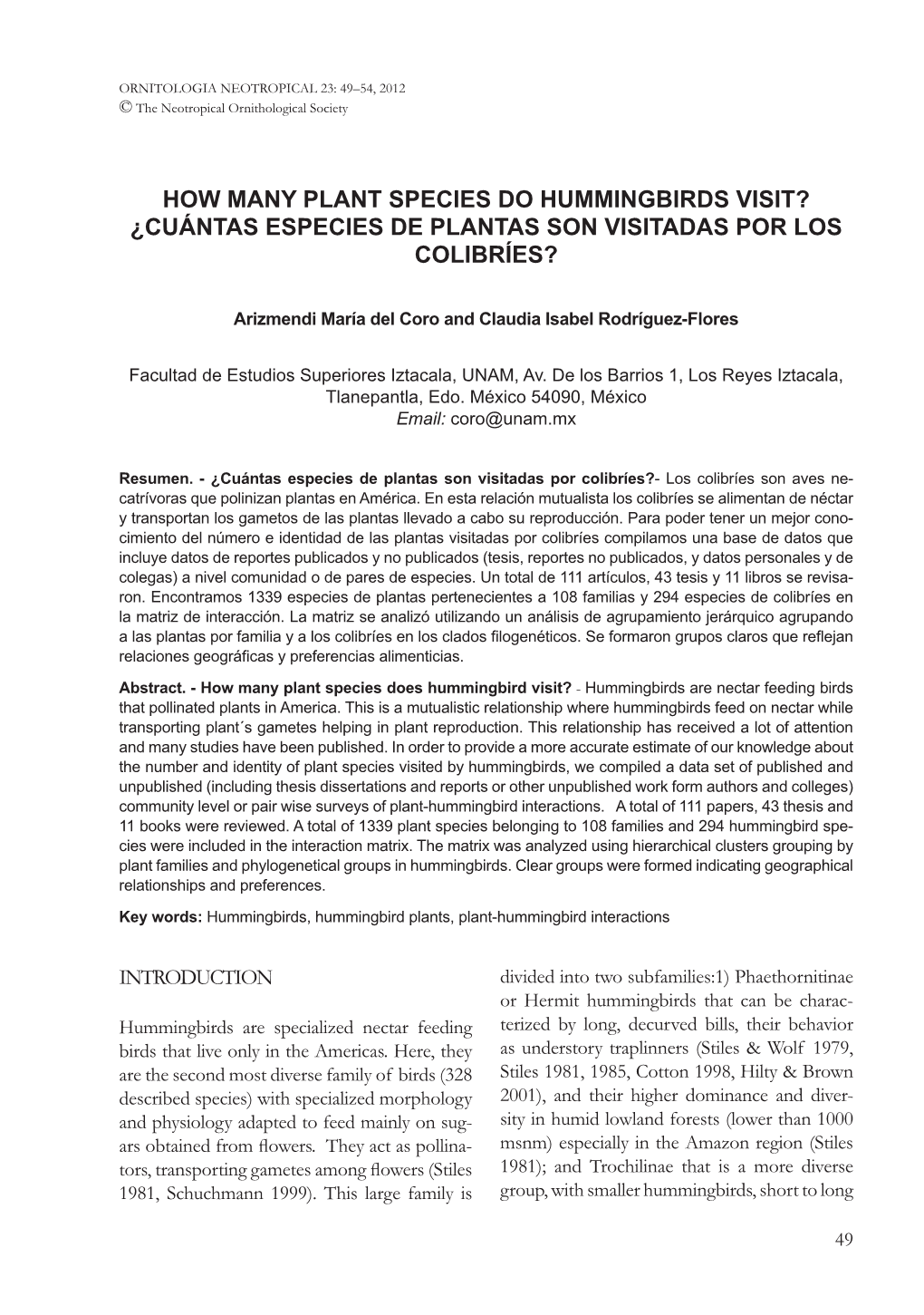 HOW MANY PLANT SPECIES DO HUMMINGBIRDS VISIT? ¿Cuántas Especies De Plantas Son Visitadas Por Los Colibríes?