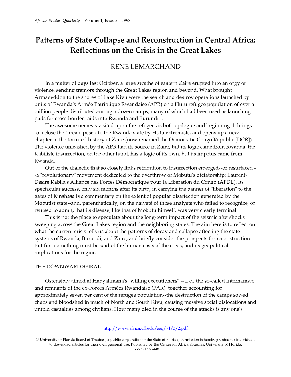 Patterns of State Collapse and Reconstruction in Central Africa: Reflections on the Crisis in the Great Lakes