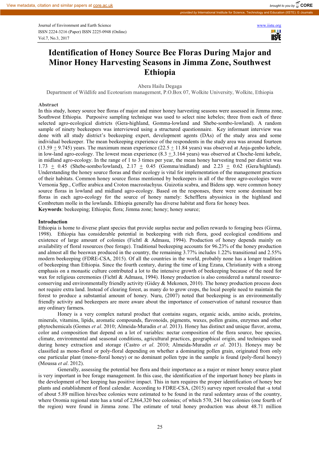 Identification of Honey Source Bee Floras During Major and Minor Honey Harvesting Seasons in Jimma Zone, Southwest Ethiopia