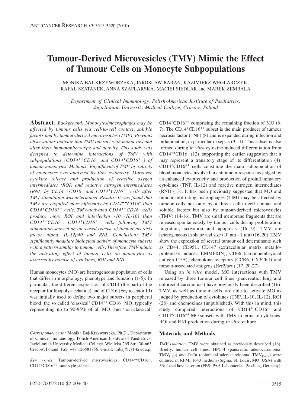 Tumour-Derived Microvesicles (TMV) Mimic the Effect of Tumour Cells on Monocyte Subpopulations