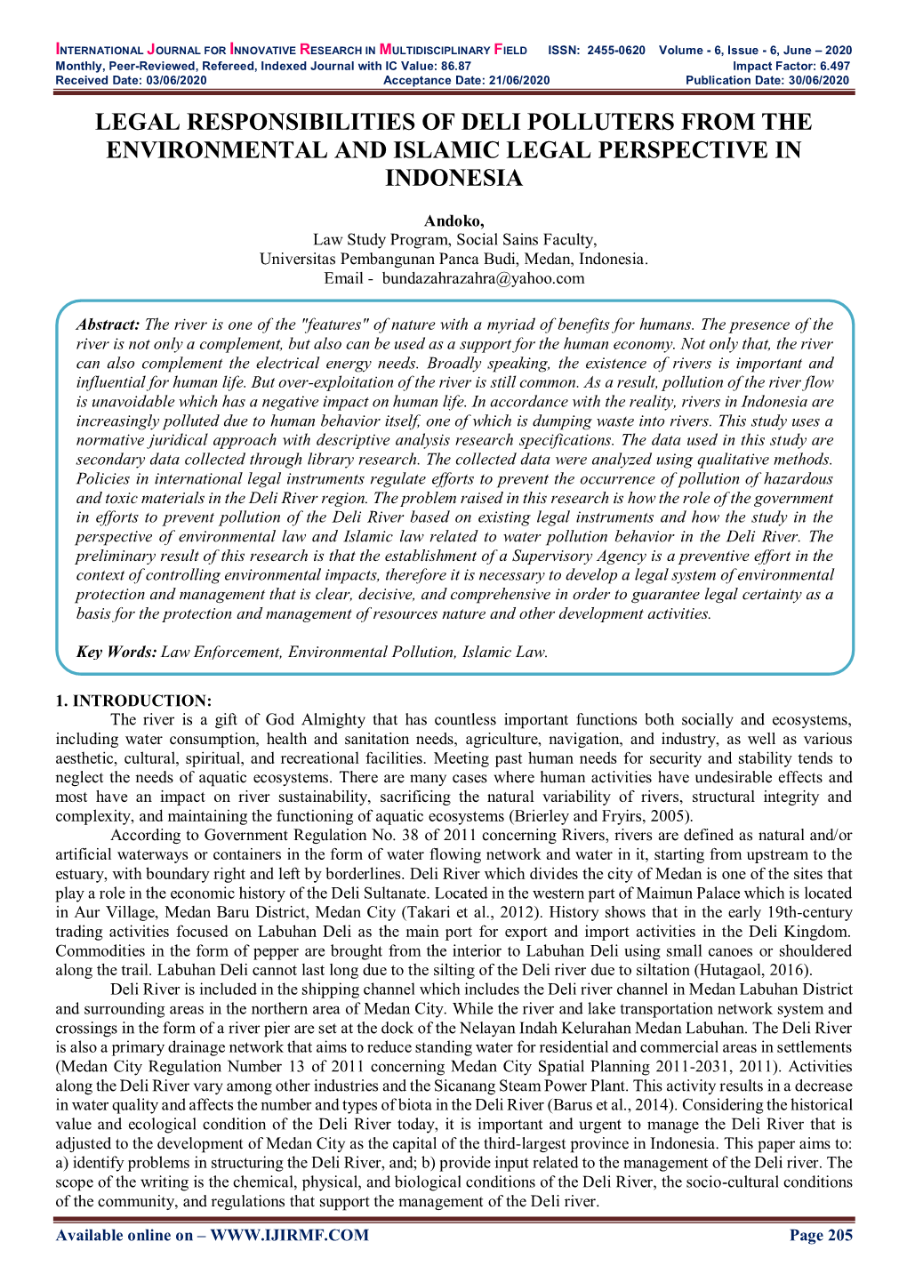 Legal Responsibilities of Deli Polluters from the Environmental and Islamic Legal Perspective in Indonesia