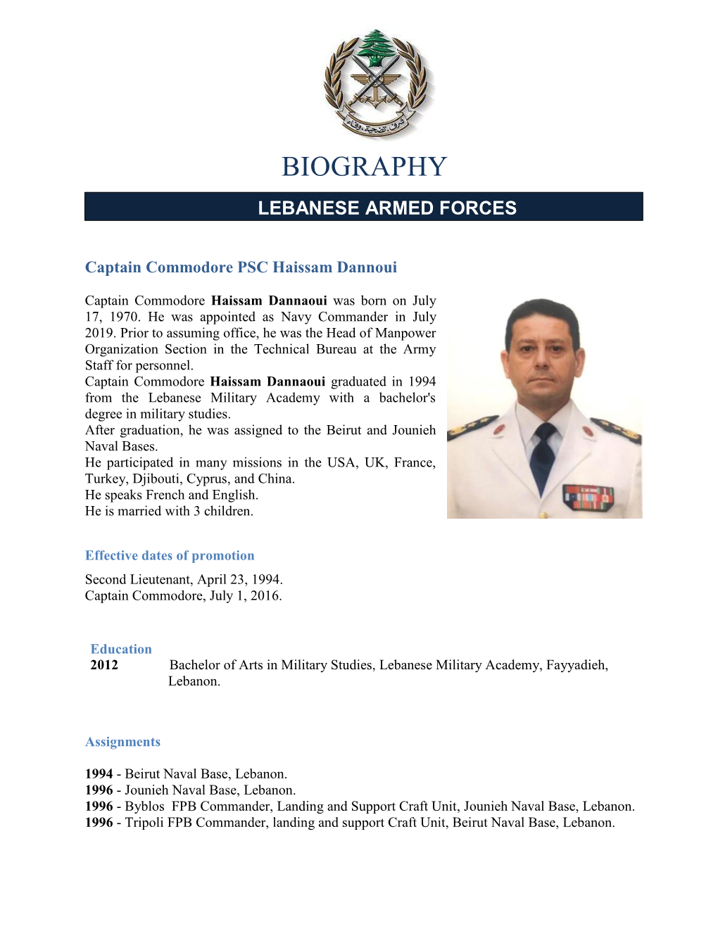 Biography Lebanese Armed Forces
