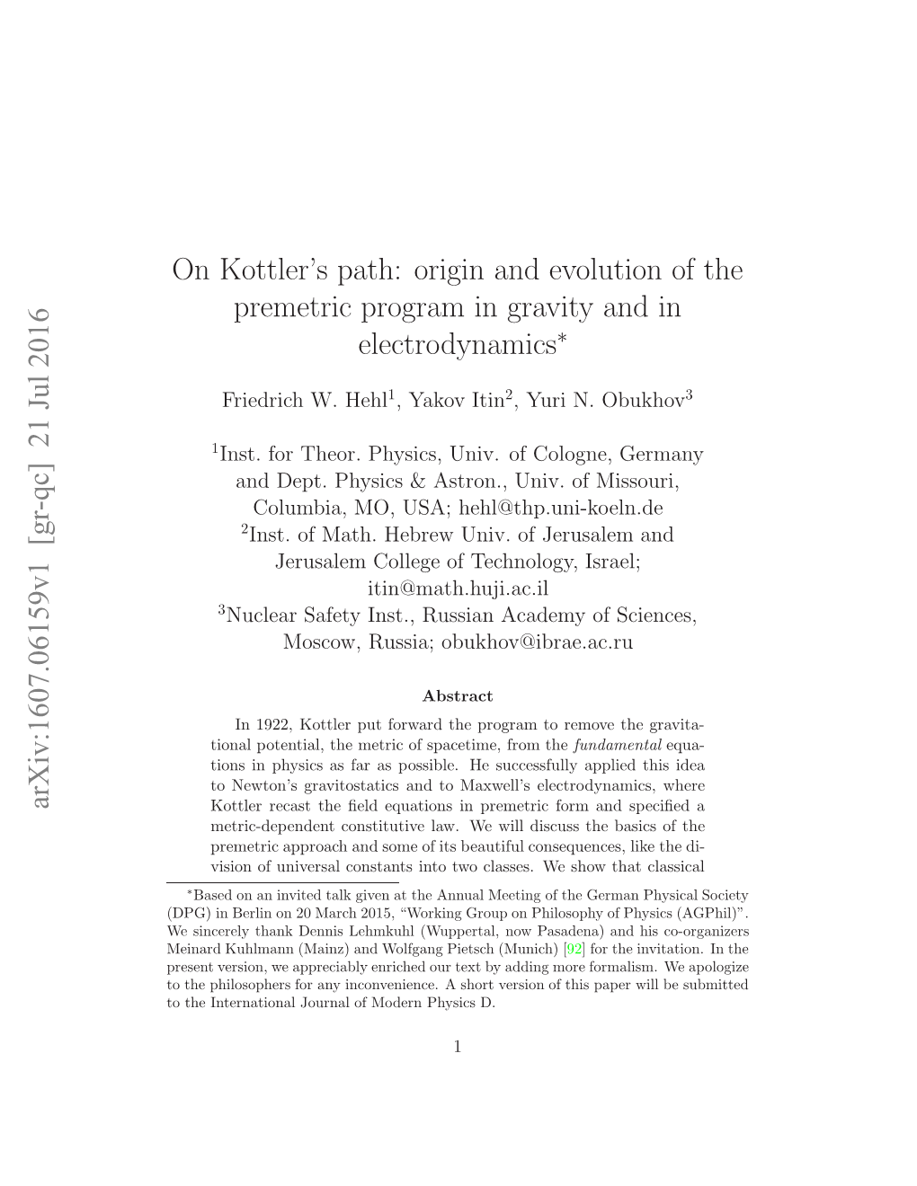 On Kottler's Path: Origin and Evolution of the Premetric Program in Gravity