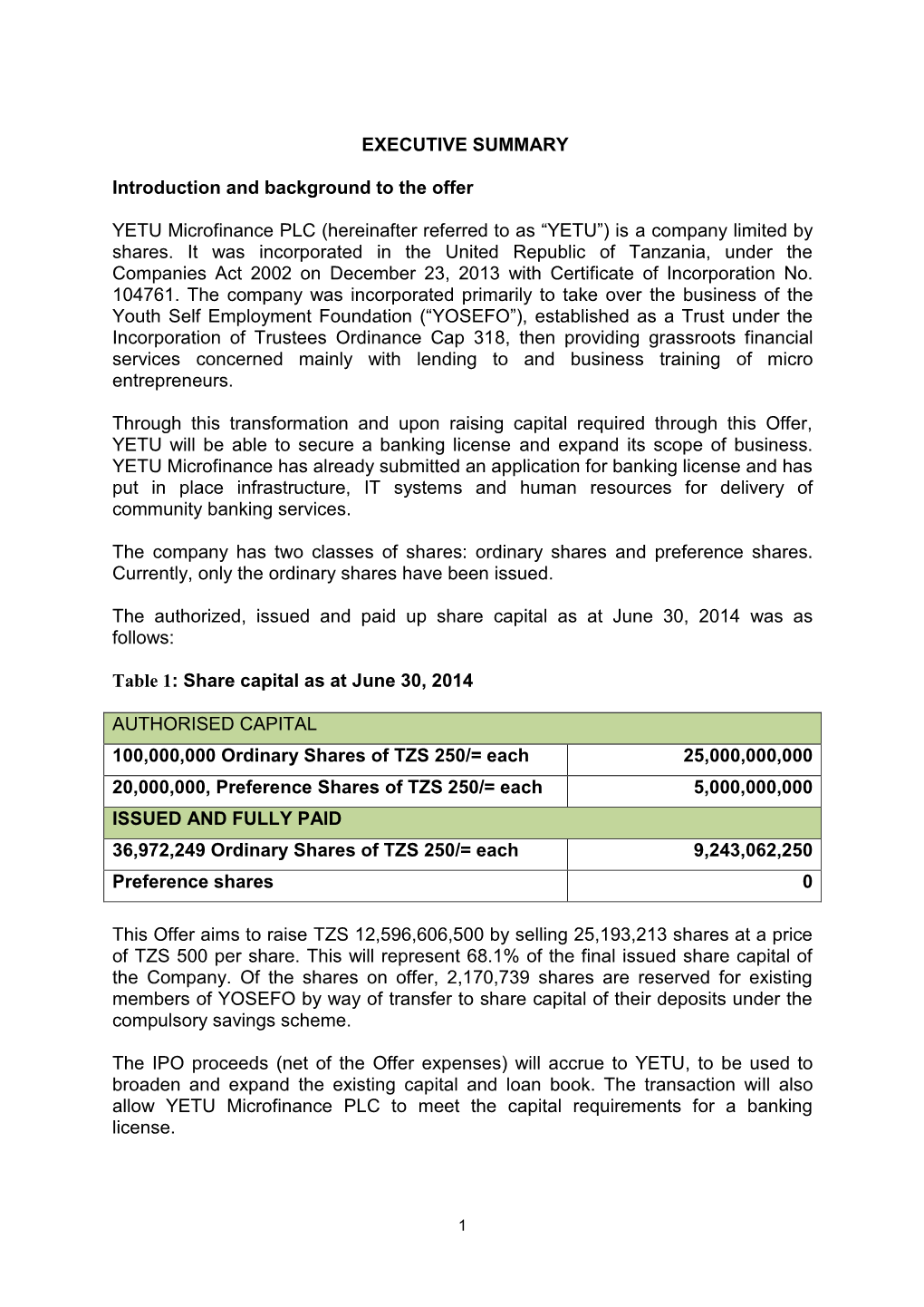 EXECUTIVE SUMMARY Introduction and Background to the Offer YETU