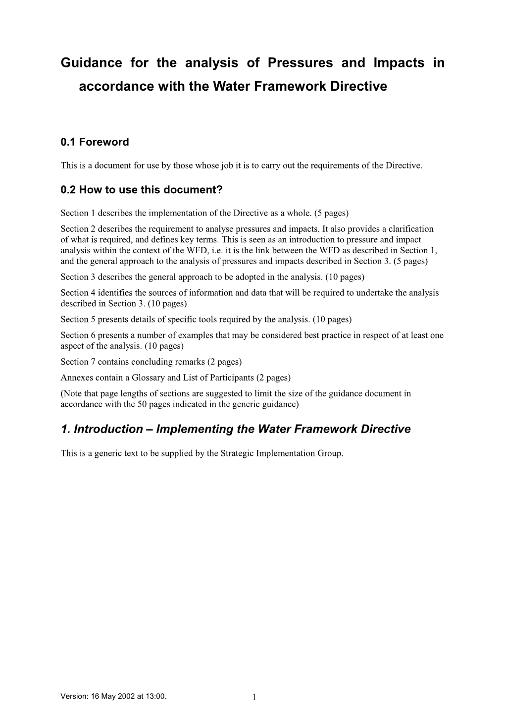 Guidance for the Analysis of Pressures and Impacts in Accordance with the Water Framework