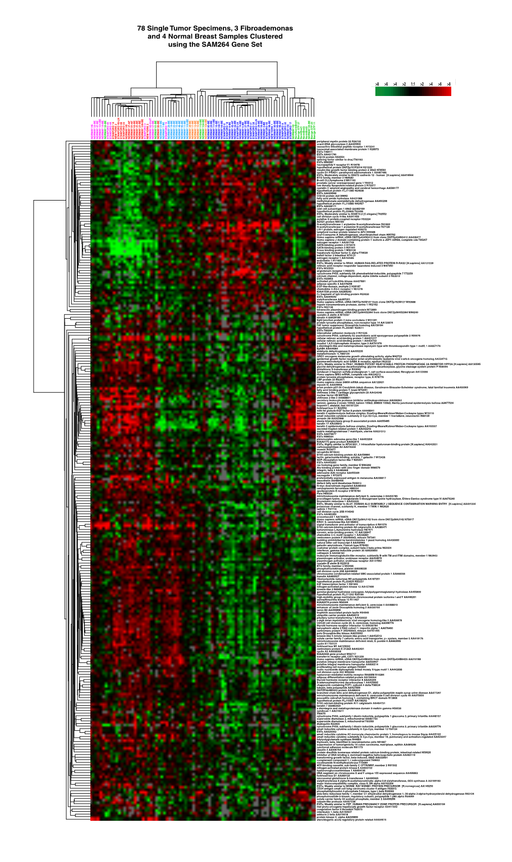 78 Single Tumor Specimens, 3 Fibroademonas and 4 Normal Breast Samples Clustered Using the SAM264 Gene Set