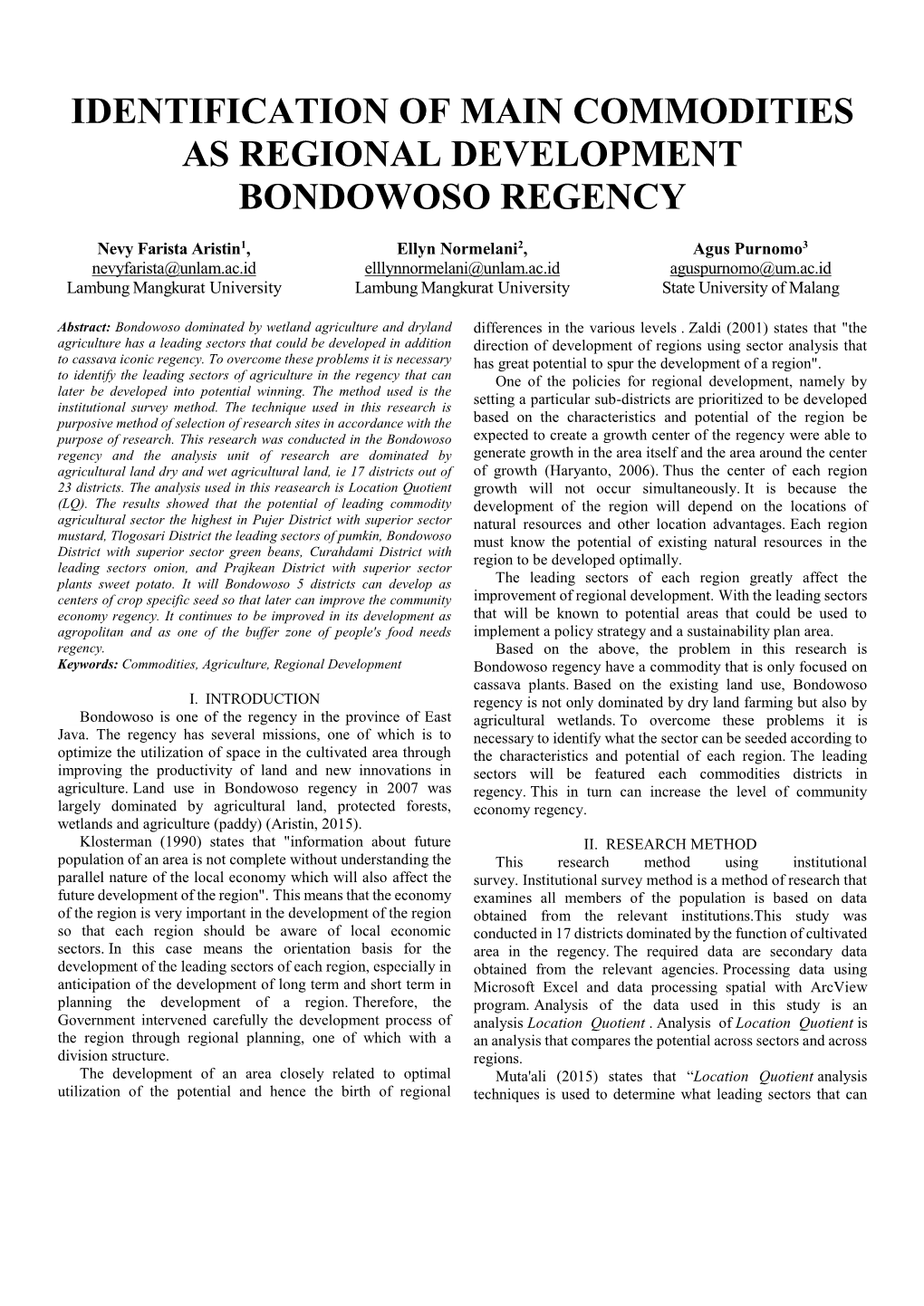 Identification of Main Commodities As Regional Development Bondowoso Regency