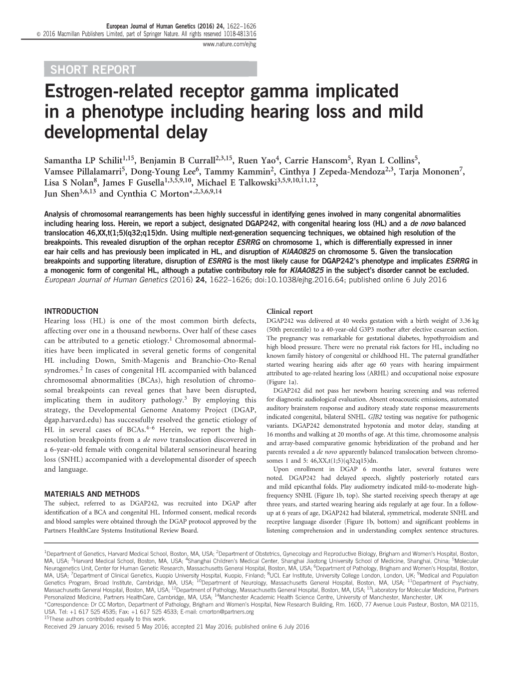 Estrogen-Related Receptor Gamma Implicated in a Phenotype Including Hearing Loss and Mild Developmental Delay