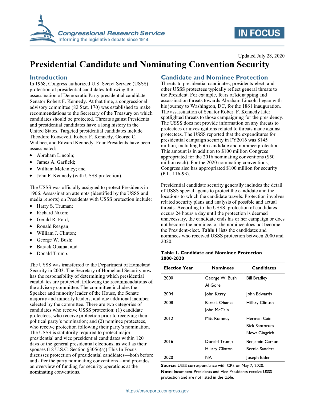 Presidential Candidate and Nominating Convention Security Introduction Candidate and Nominee Protection in 1968, Congress Authorized U.S
