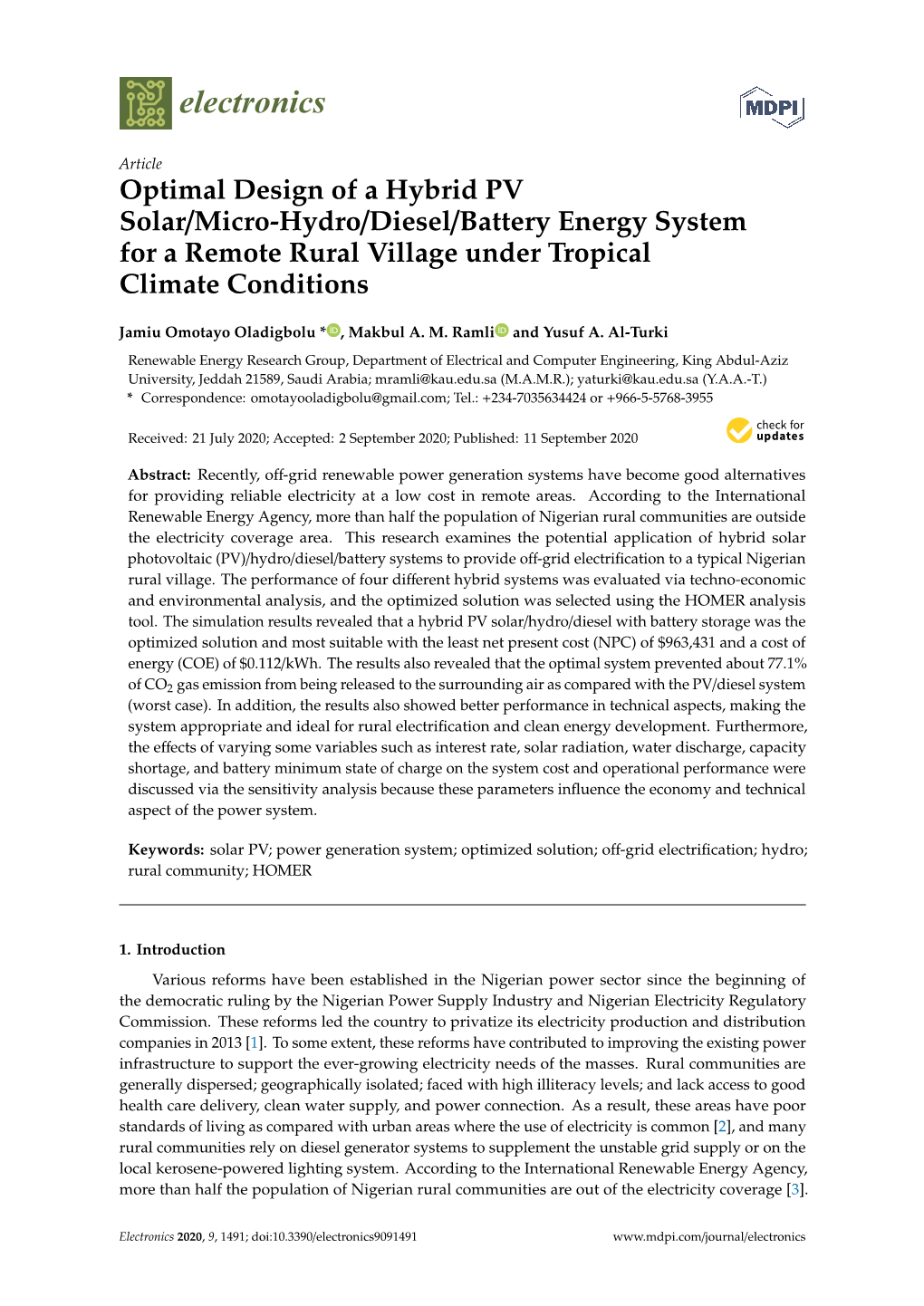 Optimal Design of a Hybrid PV Solar/Micro-Hydro/Diesel/Battery Energy System for a Remote Rural Village Under Tropical Climate Conditions