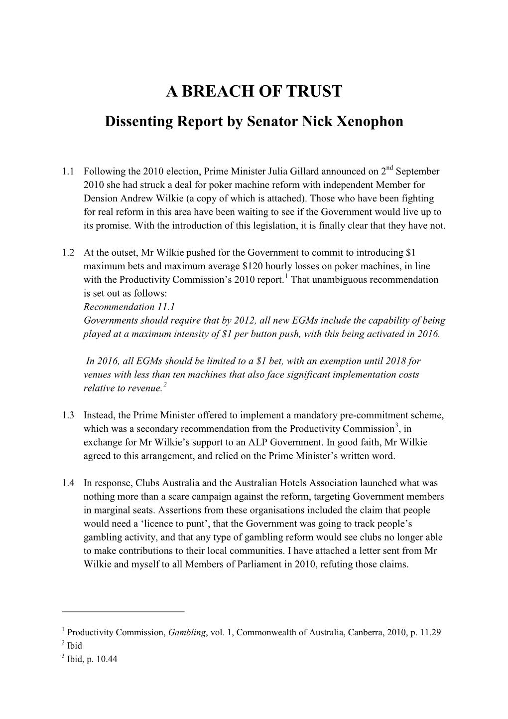 Report; National Gambling Reform Bill 2012 and Related Bills