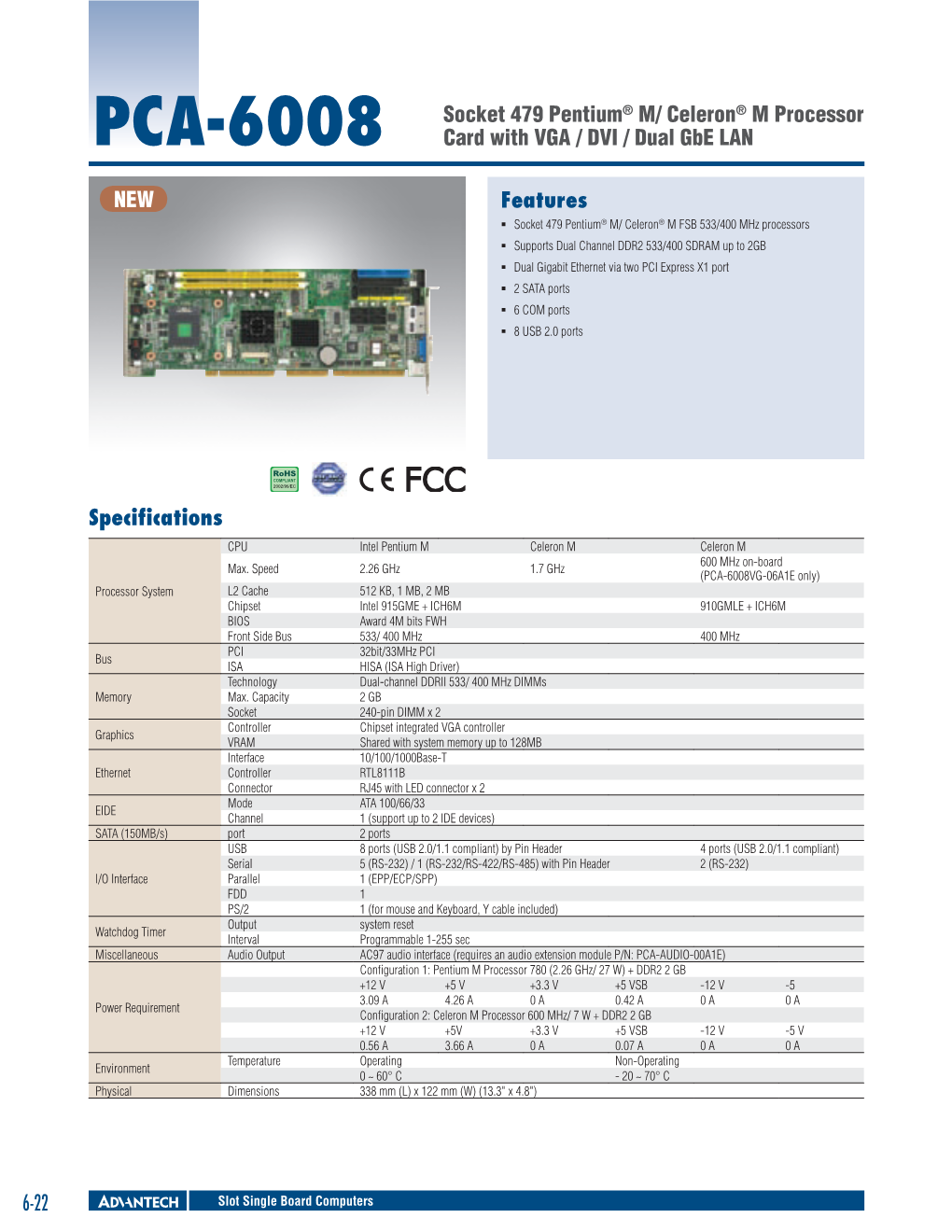 6- Features PCA-6008 Socket 479 Pentium® M/ Celeron® M