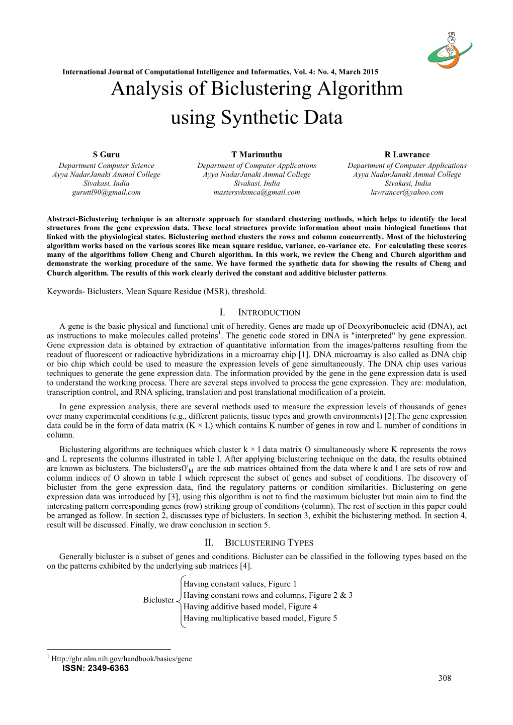 Analysis of Biclustering Algorithm Using Synthetic Data