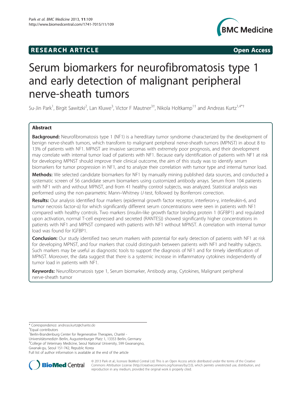 Serum Biomarkers for Neurofibromatosis Type 1 and Early