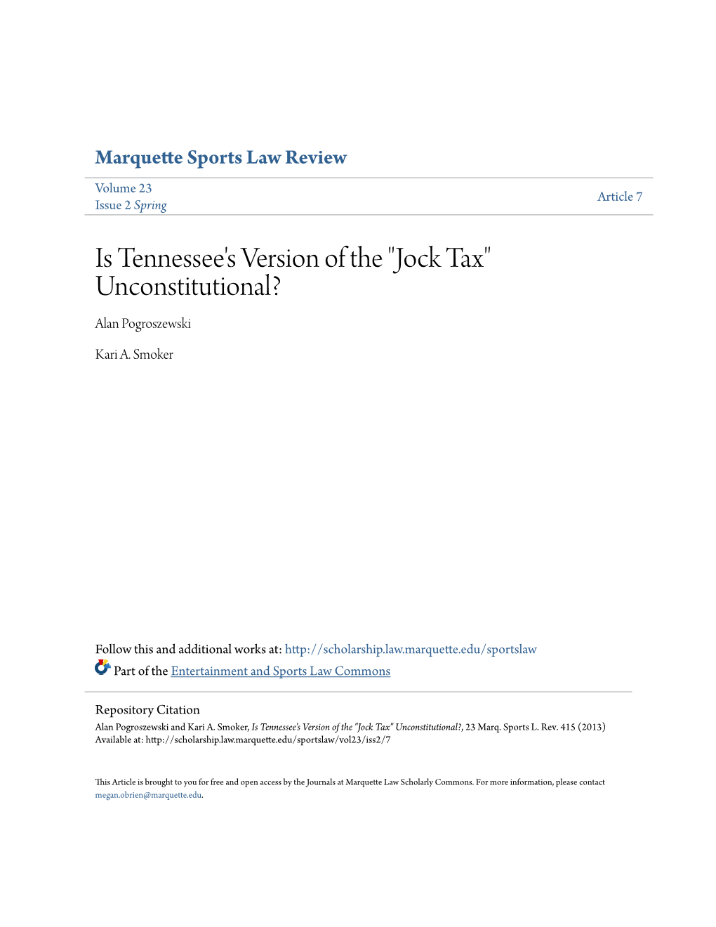 Is Tennessee's Version of the "Jock Tax" Unconstitutional? Alan Pogroszewski