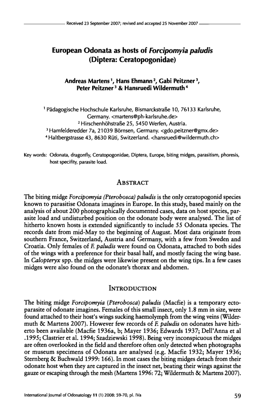 European Odonata As Hosts of Forcipomyia Paludis (Diptera: Ceratopogonidae)