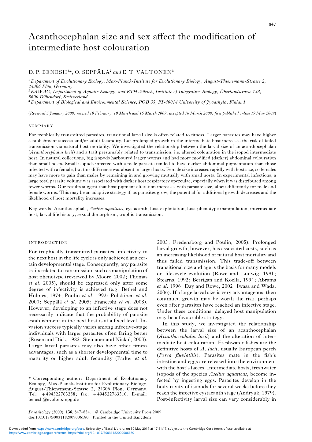 Acanthocephalan Size and Sex Affect the Modification of Intermediate