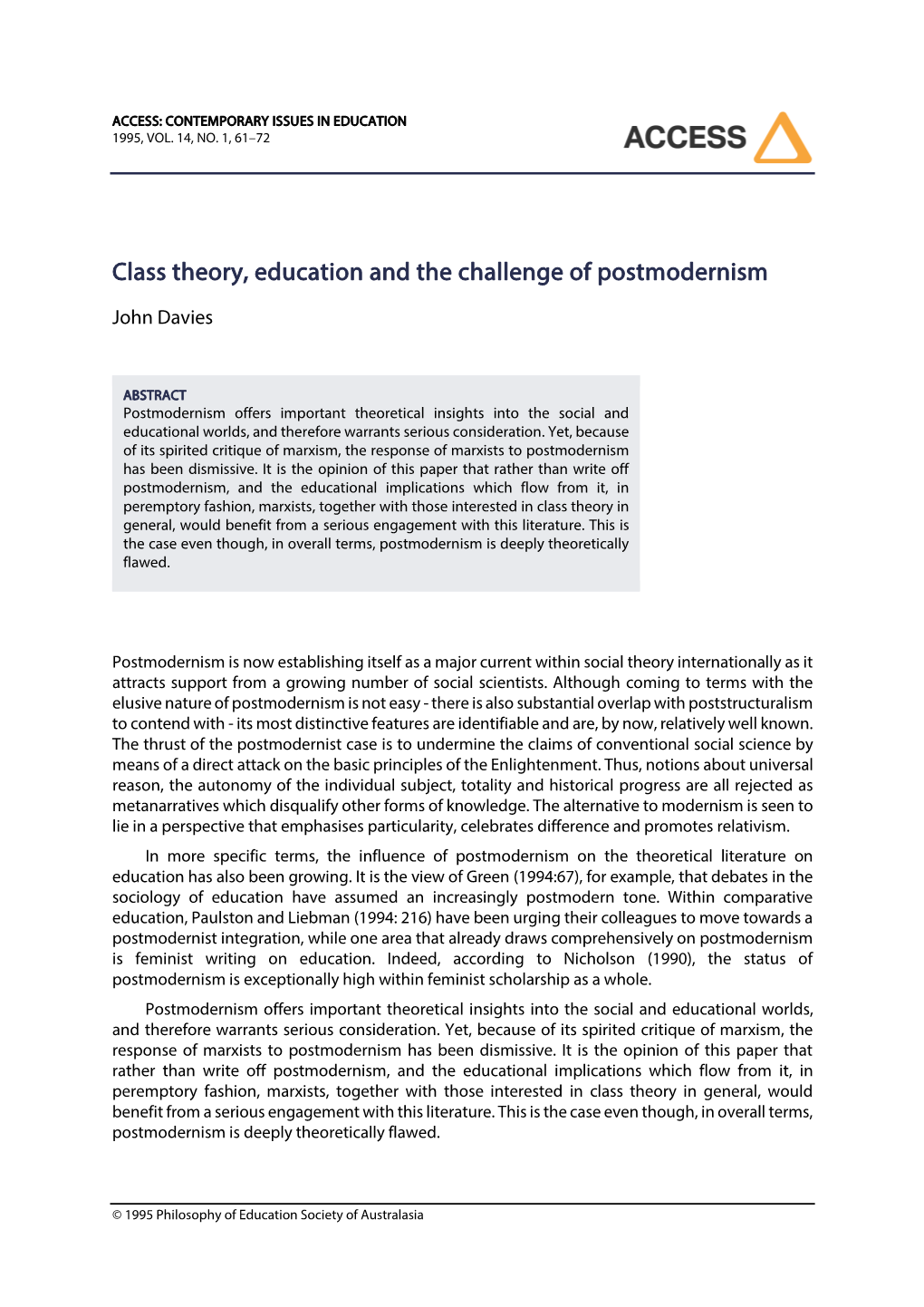 Class Theory, Education and the Challenge of Postmodernism